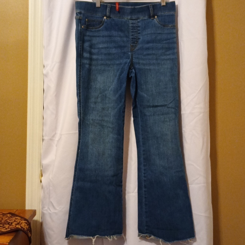 Spanx Jeans Women’s latge Blue Jeggings Stretch Wide Leg Flare Frayed